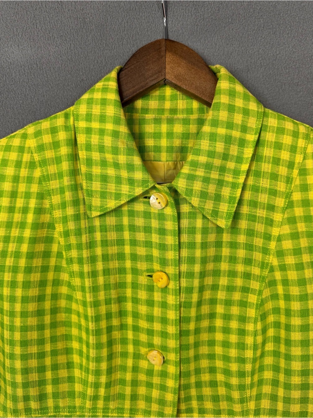 Vintage 90’s Dana Buchman Linen Lime Green + Yellow Gingham Blazer Jacket, 4 - Picture 3 of 13